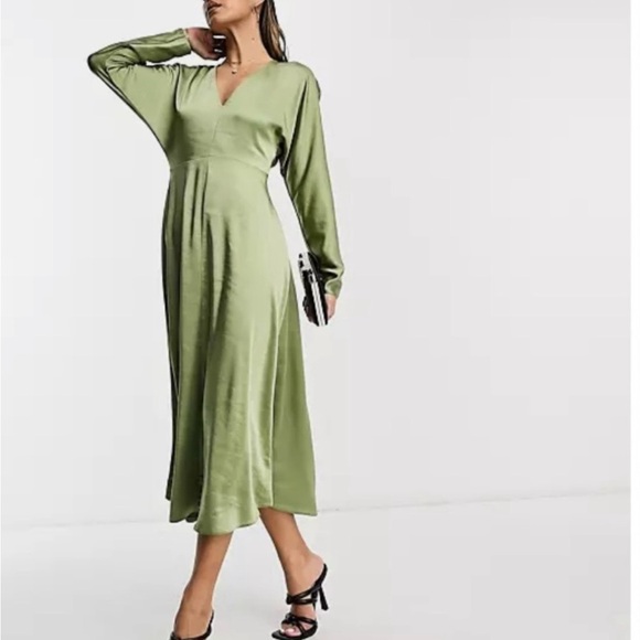 ASOS Dresses & Skirts - ASOS Olive Green Midi Dress with V-Neck